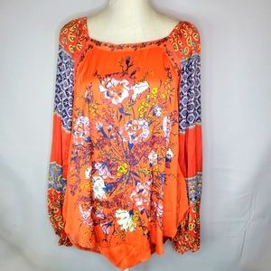 Free People Sz Large BOHO Handkerchief Top Orange Blue Oversized Positano Print